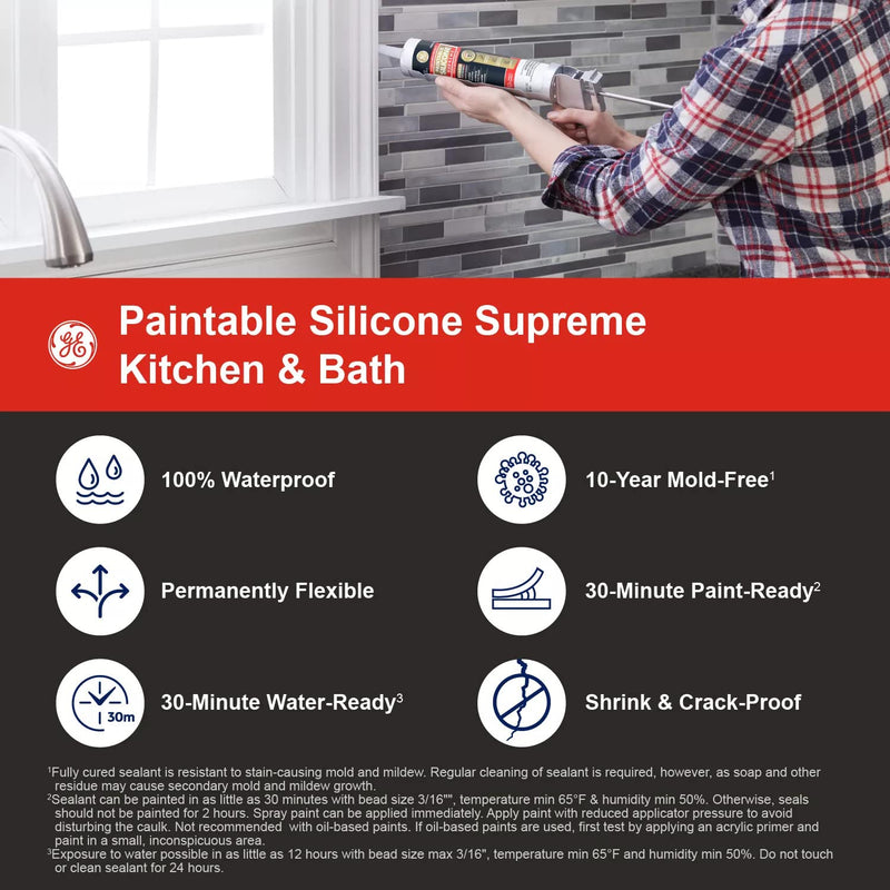 [Australia - AusPower] - GE Supreme Paintable Silicone Caulk for Kitchen & Bathroom - 100% Waterproof Silicone Sealant, 7X Stronger Adhesion, Shrink & Crack Proof - 9.5 fl oz, White, 1 Pack Pack of 1 