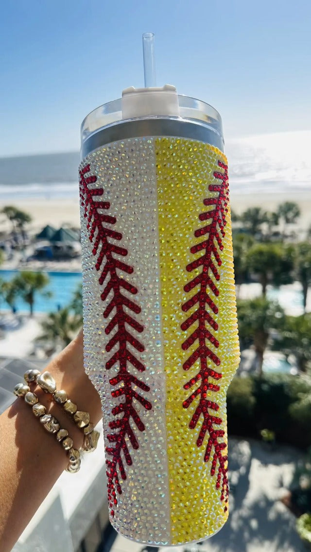 Baseball Softball 40 Oz Rhinestone Bling Tumbler Cup Handle Straw
