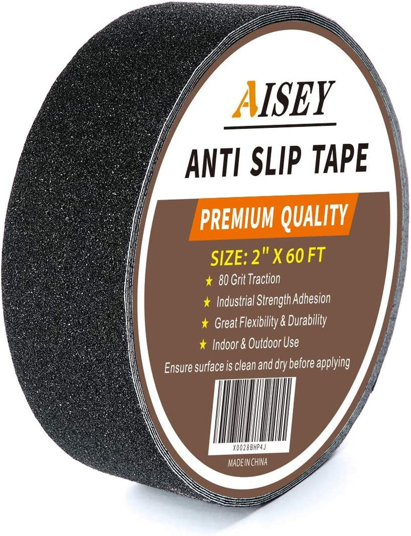 AISEY Anti Slip Traction Tape Outdoor 2 in x 60 Foot, Non Slip Safety Tape for Steps, Grip Tape for Stairs, Tread Tape Use on Walkways, Stairs, Ramps and Decks 2" X 20yd Black