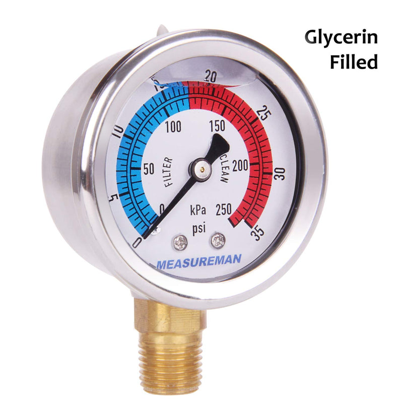[Australia - AusPower] - MEASUREMAN 2" Dial Size, Glycerin Filled Pool Filter Pressure Gauge, 304 Stainless Steel Case, 0-35psi/250kpa, 1/4" NPT Lower Mount 0-35psi/250kpa(1/4" NPT Lower Mount) 