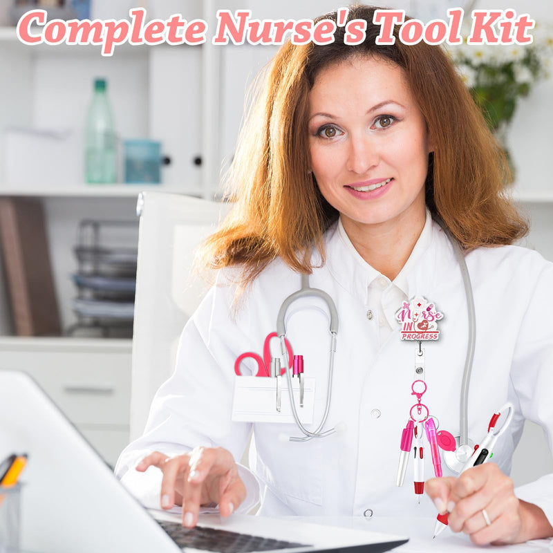[Australia - AusPower] - 10 Pack Nurse Tools Set, Pink Nurse Accessories for Work with 1 Trauma Bandage Shear, 2 LED Pen Lights, 3 Pens(Marker, Ballpoint, Highlighter), 1 Flashlight, 1 Badge, 1 Keychain and Packaging Bag 