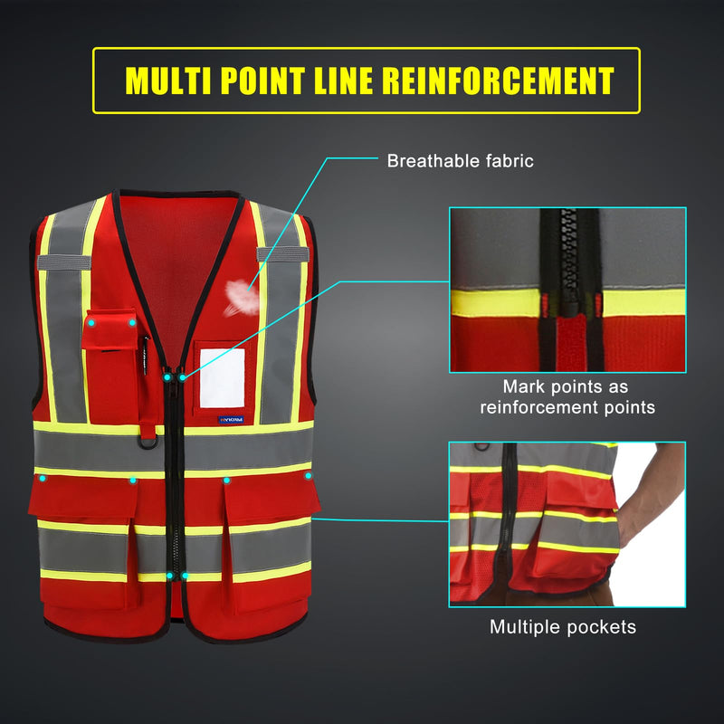 AYKRM Security Vest for Men Women 7 Pockets High Visibility Reflective Safety Vest Front Zipper Meets ANSI/ISEA Red-emt 8X-Large