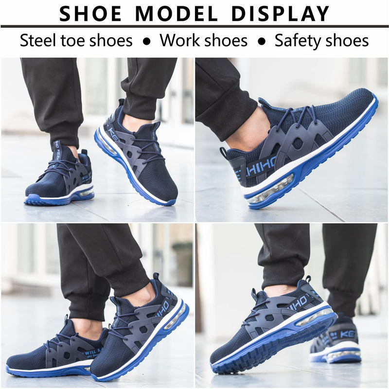 Kezhiho Steel Toe Shoes for Men Women Air Cushion Lightweight Work Shoes Comfortable Breathable Puncture Proof Slip Resistant Sneakers Indestructible Construction Industrial Safety Shoes 6.5 Women/5 Men D02303 Blue White