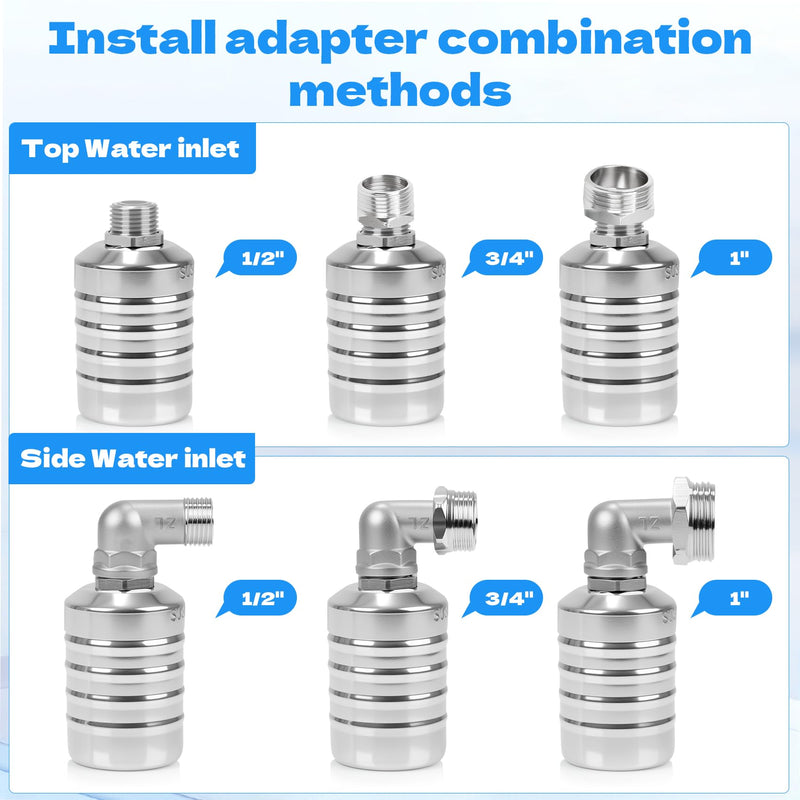 Float Valve with 1/2", 3/4", 1" Adapters -304 Stainless Steel Water Float Valve Fully Automatic Water Level Control for Water Tanks, Aquariums, Livestock Troughs,Pools,Distillers & Ponds