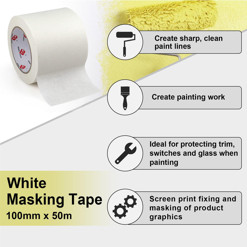 [Australia - AusPower] - BOMEI PACK 4 inch White Masking Tape, Paint Masking Paper, 55 yds Length x 4" Width, Multi-Surface Adhesive Painting Tape, for Painting, DIY, Arts, Crafts, Labeling 4 inches x 55 Yards 