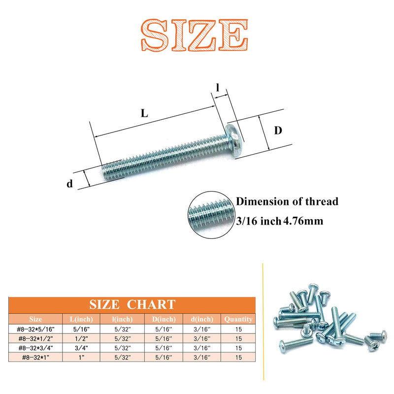 [Australia - AusPower] - 60 Pcs 4 Sizes #8-32 Machine Screws Knob Screws Cabinet Screws Electricians Screws, Carbon Steel Zinc-Plated Phillips Pan Head Machine Screws Assortment Kit #8-32-4Size-60P 