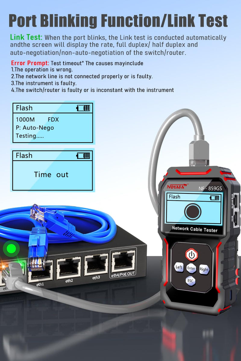 [Australia - AusPower] - NF-8209S Network Cable Tester, RJ45 Ethernet Tester for POE/Cat5/Cat7/Cat6a/Cat6/Cat5e, Wire Mapper, Length, Open/Short, Wire Fault Locator, Ethernet LAN Network Toner Tool Black And Red 