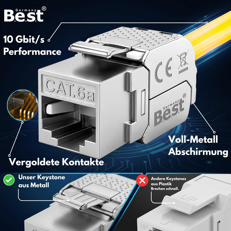 2x CAT 6A Keystone RJ45 Network Module Tool-Free STP 10 Gbit Network Socket | Tool-free RJ45 Keystone Network Module, STP, 10 Gbit, Patch Panel, Network Socket, LSA, PoE++, Gold-Plated Contacts 2 Stück CAT6A