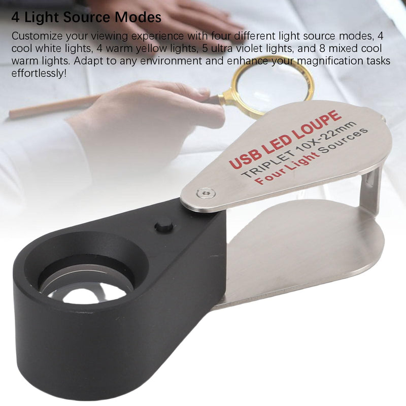 SEAFRONT 10x Magnifying Foldable LED Pocket Magnifier with 4 Light Modes USB Rechargeable Magnification Glass Compact 60 x 30 mm for Reading Inspection Jewellery