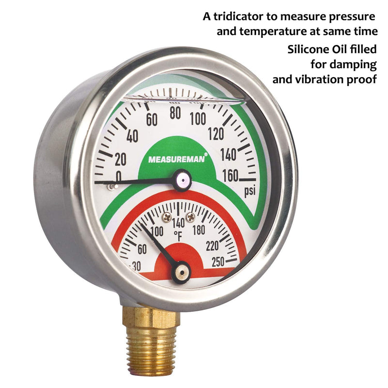 [Australia - AusPower] - MEASUREMAN Tridicator, Thermo-Manometer, 2-1/2", Silicone Oil Filled, 0-160psi/30-250 deg F, Stainless Steel Case, 1/4"NPT Lower Mount Pressure Gauge Lower Mount-Liquid Filled 