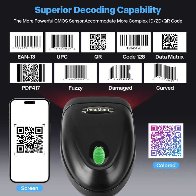 Bluetooth 1D&2D Barcode Scanner, 3-in-1 Bluetooth & USB Wired & 2.4G Wireless QR Barcode Reader, PDF417 Data Matrix Handheld Bar Code Scanner Work with Windows, Android, iOS (TM-10B) Wireless 2D Barcode Scanner