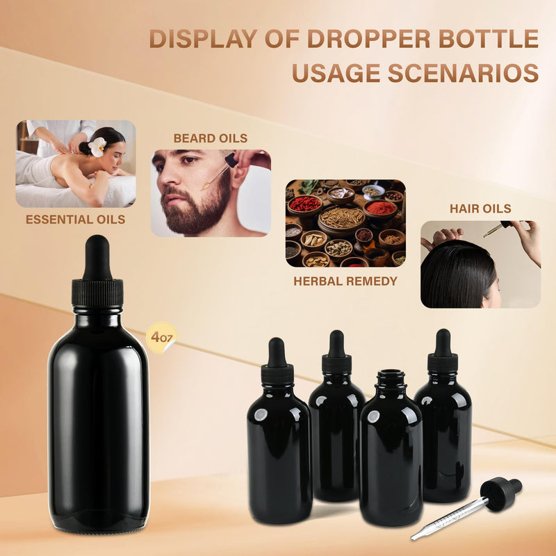 [Australia - AusPower] - 4 Pcs 4oz Black Glass Eye Dropper Bottle, Tincture Bottles With Leak-Proof Design, Stronger Suction for All Kinds of Mixed Liquids 4oz-4Pack 
