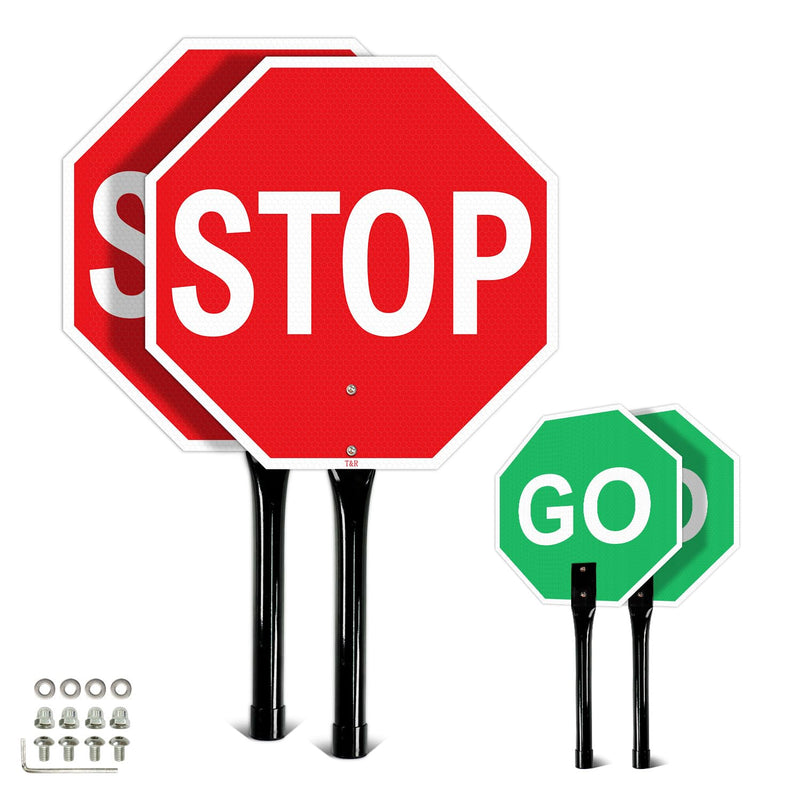 T&R (2 Pack) Stop and Go Sign with Handle, 13 x 13 Inches Double Sided Stop/Slow Traffic Sign, Rust Free Aluminum Reflective, Weather Resistant, Waterproof, Fade Resistant, Easy to Mount. 13" x 13" - 2 Pack - Stop/Go