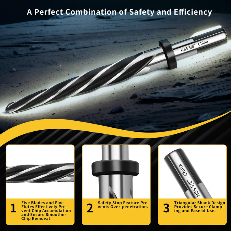 [Australia - AusPower] - 5/8” Reamer Drill Bit,M2 HSS Tapered Reamer Drill Bit for Metal Steel Wood Plastic,5/8” Bridge Construction Reamer with 1/2" Non-Slip Shank,5-Spiral Flutes Reamer Drill Bit to Align or Enlarge Holes 5/8” 