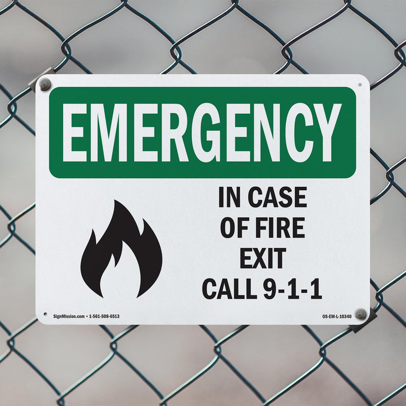 In Case Of Fire Exit Call 9 OSHA Emergency Rigid Plastic Sign 14 Inch x 10 Inch - 5 Pack 5 Pack of 14" x 10"