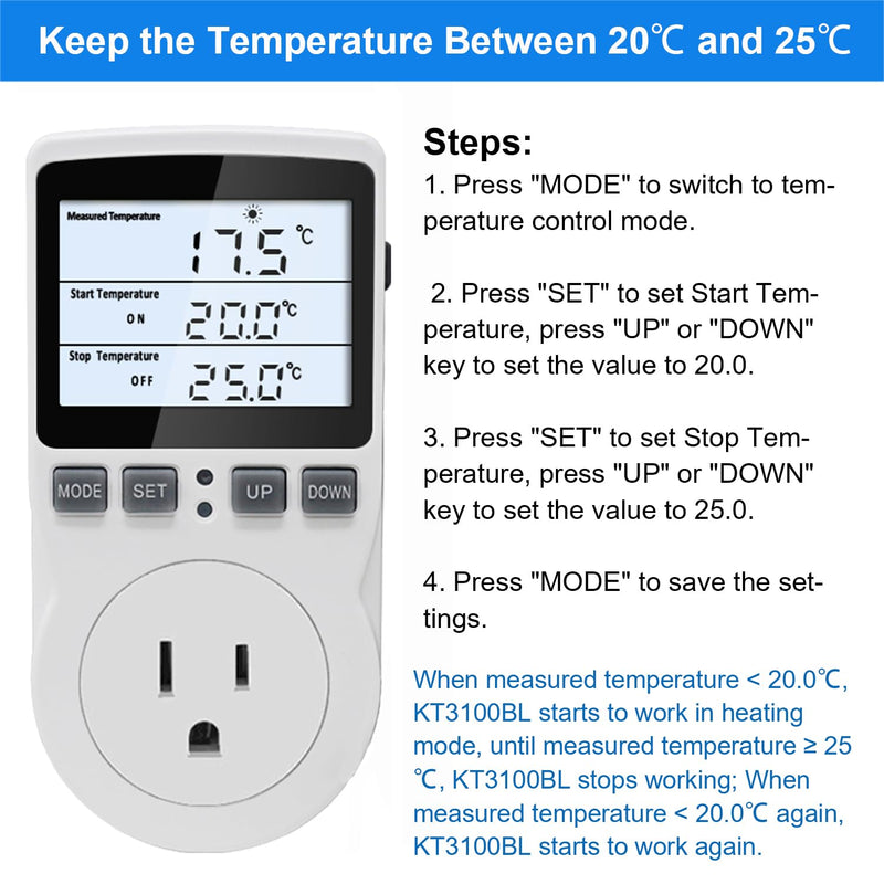 [Australia - AusPower] - Digital Temperature Controller Thermostat Outlet Plug 120V with LCD Backlight, Heating Cooling Temperature Controlled Outlet 110V 15A with 3m Sensor KT3100BL 