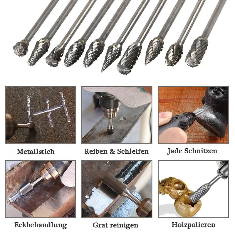[Australia - AusPower] - Mesee 10 Piece Rotary Burr Set, Tungsten Steel Burr, Rasp Set, Carbide Burr, Woodworking Grinding Head, Rotary Tool Tungsten Steel Grinder for Carving, Engraving, Drilling, 100 mm 