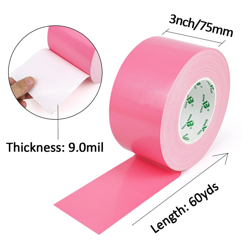 BOMEI PACK Pink Duct Tape 3 inches Wide, Heavy Duty Industrial Strong Color Duct Tape 9.0mil x 60yds for Indoor Outdoor Use, Multi Purpose Home Repair