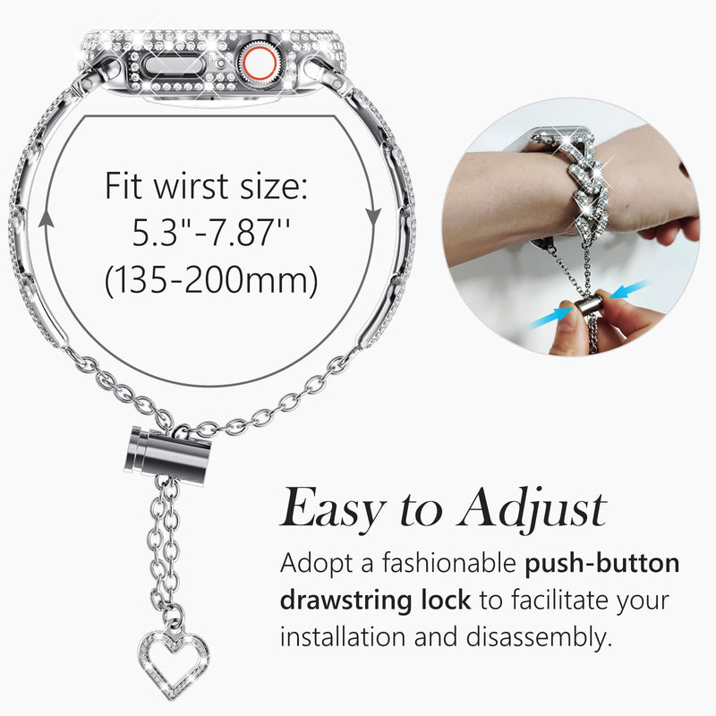 [Australia - AusPower] - WINGLE for Silver Apple Watch Bands 45mm for Women, iWatch Series 8 7 Stainless Steel Metal Band Luxury Diamond Bracelet Rhinestone Crystal Strap with Bling Screen Protector Case Dressy Chain, 45 mm 