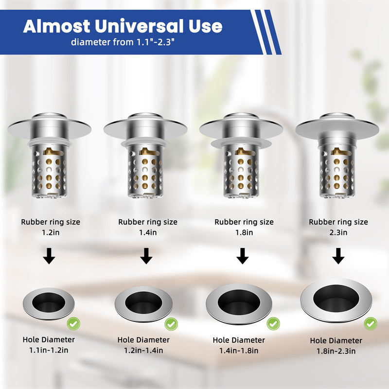 3PCS Universal Bathroom Sink Drain Strainer Hair Catcher, Chrome | Upgraded with Removable Stainless Steel Filter Basket, 3 in 1 Pop Up Sink Stopper for 1.1''~2.36'' Sink Basin Hole Chrome Finish