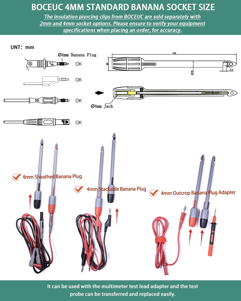 [Australia - AusPower] - Heavy Duty Wire Piercing Probe Insulation Piercing Clip Set Push on 4mm Push Banana Plug Multimeter Test Leads Multi Testers Needle Accessories 4mm Plug(Extended Edition) 