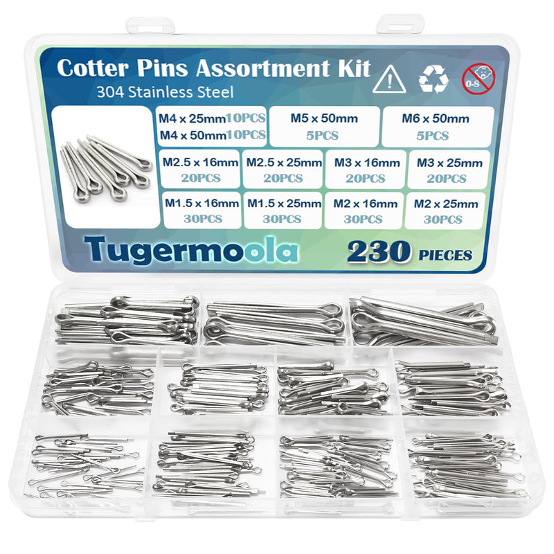 [Australia - AusPower] - 230PCS 12 Sizes Cotter Pins Assortment Kit 304 Stainless Steel Split Pin Fastener Clips OLA001 