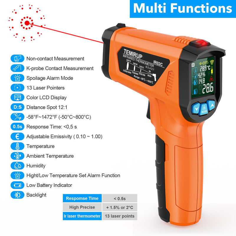 [Australia - AusPower] - Infrared Thermometer Gun, TEMIRUP Digital Laser Temperature Gun, -58°F to 1472°F, Non Contact IR Temp Gun with Color LCD for Industrial, Cooking, Griddle, Engine, HVAC,Adjustable Emissivity & Humidity Orange -58°F to 1472°F(-50~800°C) 