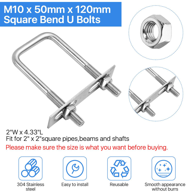 [Australia - AusPower] - 4 Sets Square U Bolts 2" W x 4.33" L, Stainless Steel Bend U Bolts, Marine U Bolt with Frame Plate and Hex Nut for Mounting Automobiles Trailer, Ski Boat, Sailboat Trailer（M10 x 50mm x 120mm） 
