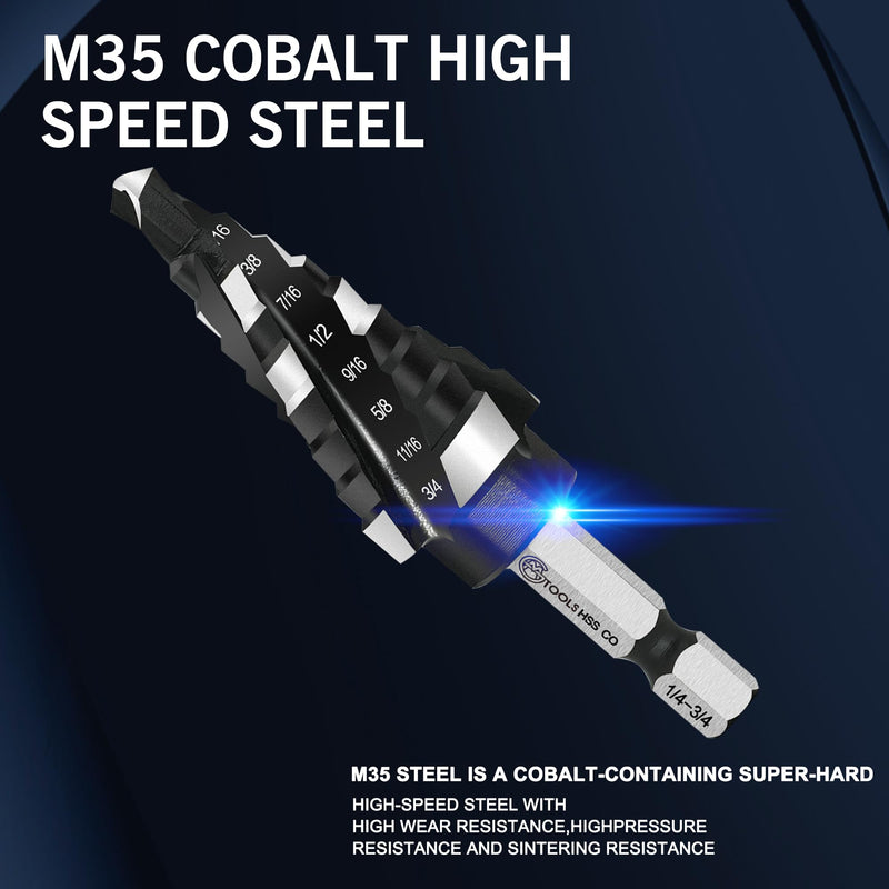GMTOOLS M35 Four Spiral Flute Cobalt Step Drill Bit Set 1/8"-7/8", Industrial Grade Wear-Resistant TiAlN Coated 1/4" Hex Shank Step Bit for Metal, Stainless Steel, Aluminum, Wood, Plastic (3pcs) Four blade 3PC
