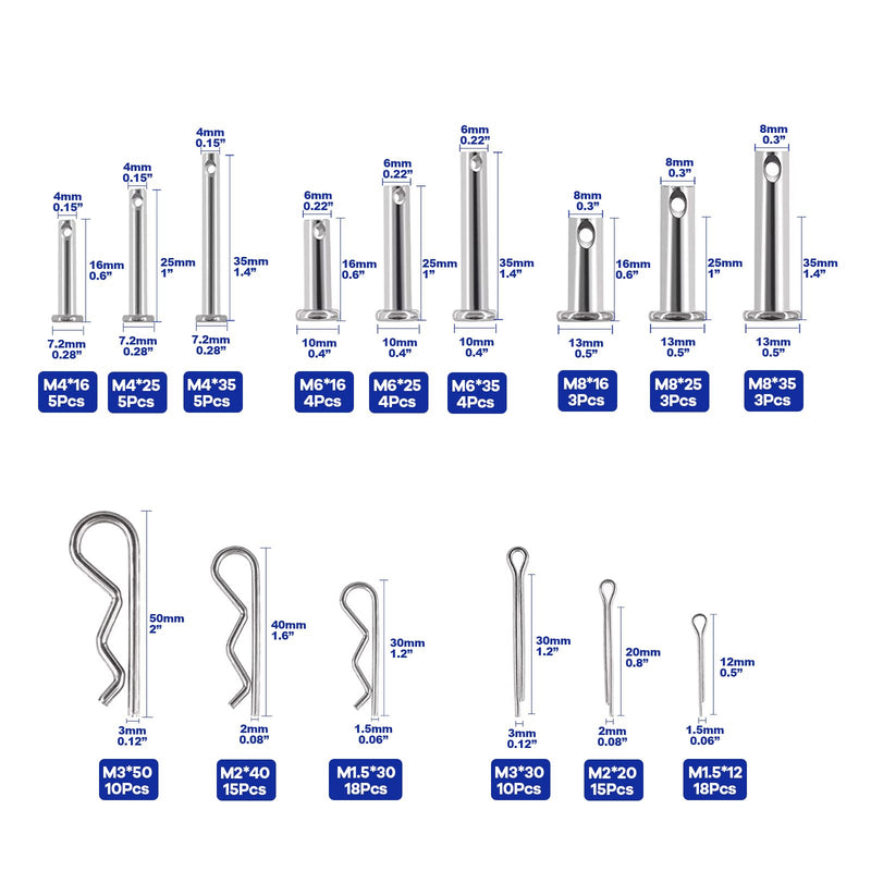 [Australia - AusPower] - 122Pcs Cotter Pin Hair Pin Clevis Pin Assortment Kit,R Clips Retaining Hair Pins Assortment, Including Single Hole Clevis Pin&Split Cotter Pin&R Clip Hitch Pin for Trailer Latch, Zinc-Plated 122pcs 