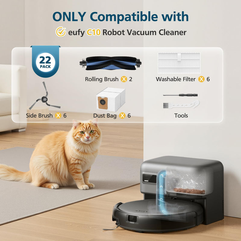 C10 Accessories for eufy C10 Robot Vacuum, 22 Pack Replacement Parts Include: 2* Main Rolling Brush, 6* Washable Filter, 6* Side Brush, 6* Dust Bag, 2* Cleaning Tool