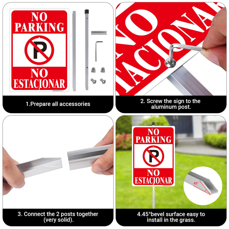 No Parking English Spanish Bilingual Sign, 2 Pack-14"x10"Reflective Aluminum with 36" Long Metal Stakes Set, UV Protected, Fade Resistant, Portable No Parking Sign for House or Business, Easy to Mount Red