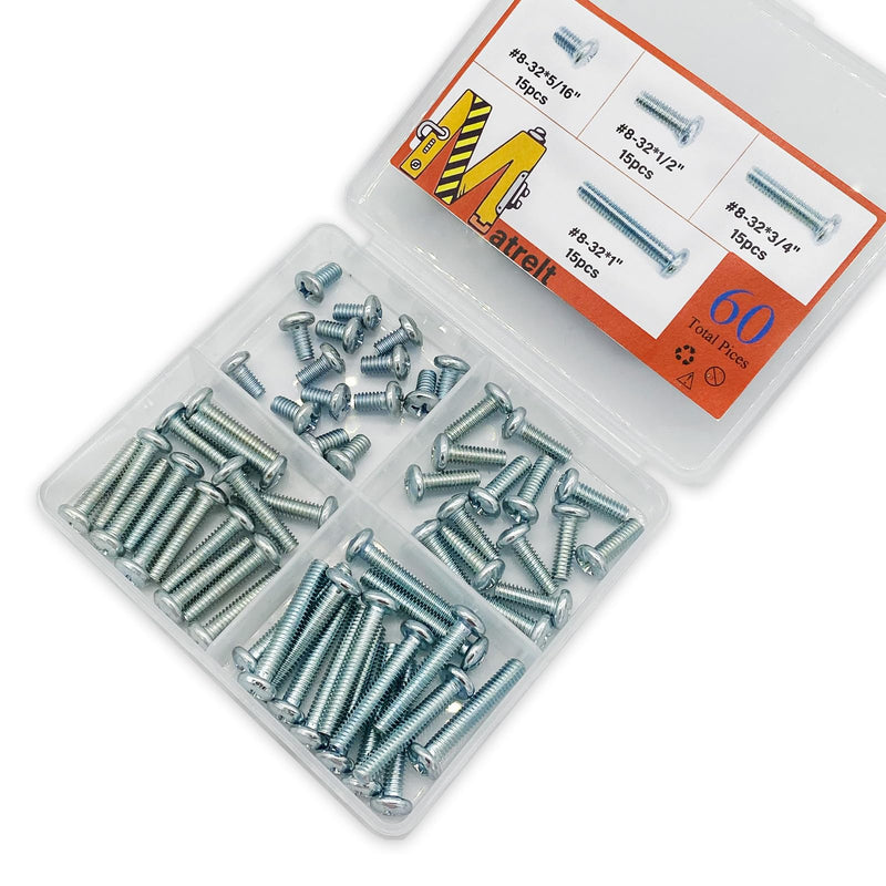 [Australia - AusPower] - 60 Pcs 4 Sizes #8-32 Machine Screws Knob Screws Cabinet Screws Electricians Screws, Carbon Steel Zinc-Plated Phillips Pan Head Machine Screws Assortment Kit #8-32-4Size-60P 