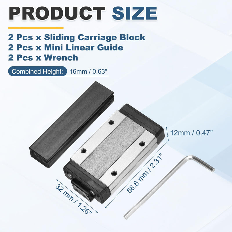 uxcell 2Pcs MGN15H Linear Bearing Sliding Carriage Block with Mini Guide and Wrench for 15mm Linear Motion Slide Rail Guide, 3D Printer, CNC Machine