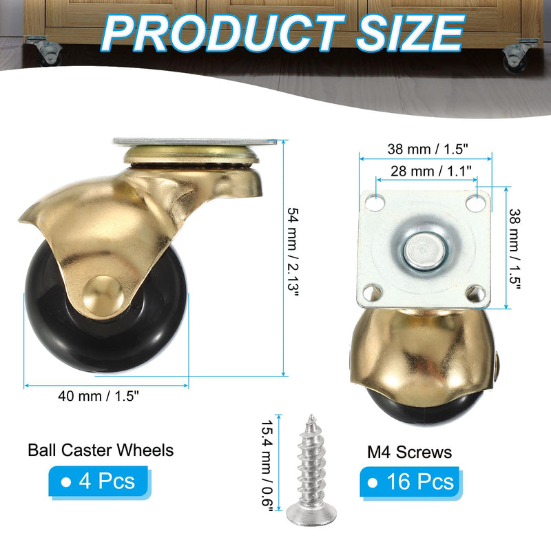 [Australia - AusPower] - PATIKIL 1.5 Inch Ball Caster Wheels Set of 4, 360° Rotating Swivel Top Plate Wheels 298 lbs Total Capacity Caster with M4 Screws for Furniture Table Cabinet Gold 