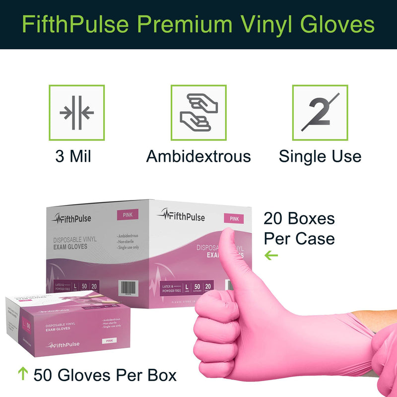 [Australia - AusPower] - FifthPulse Pink Vinyl Disposable Gloves - Powder and Latex Free Medical Exam Gloves Medium (Pack of 50) 