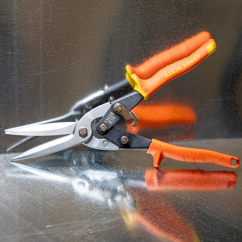 [Australia - AusPower] - Klein Tools 1302S Aviation Tin Snips, Straight, Long Cut, Heavy Duty Metal Cutting Shears with Forged Steel Blade 
