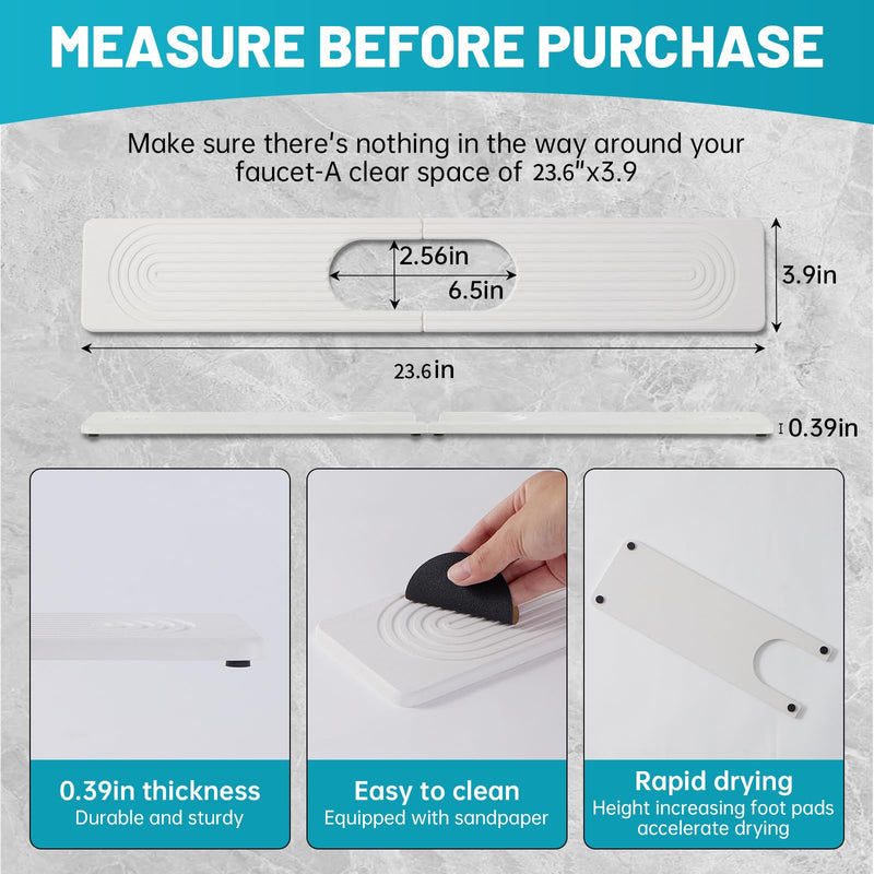 Stone Faucet Mat for Kitchen Sink with Oval Hole – 23.6" × 3.9" Diatomite Drying Stone Mat & Sink Protector, Quick-Dry Splash Guard Water-Absorbing Tray for Bathroom Counter（White.23.6 x 3.9） White