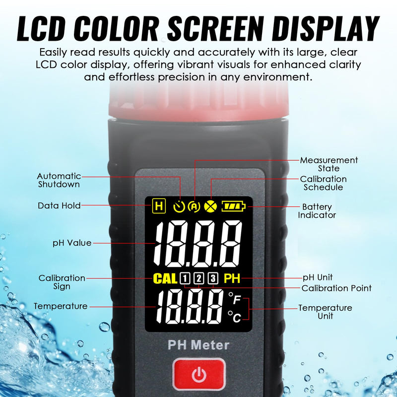 [Australia - AusPower] - Digital PH Meter with LCD Display, Temperature Measurement, Automatic Calibration, Data Hold & Backlight Alarm – High Accuracy, Auto Shutdown, ℃/℉ Switch, Rechargeable for Water Quality Testing 