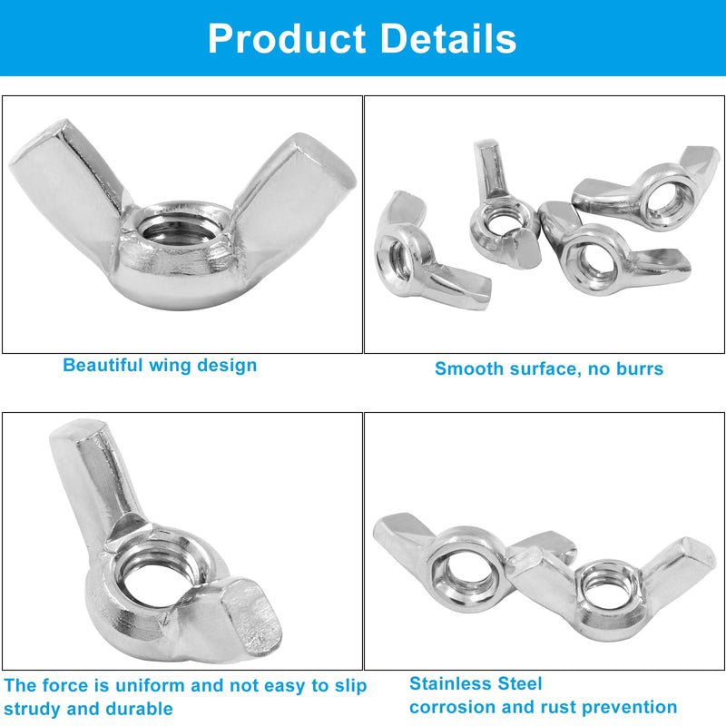 [Australia - AusPower] - 50 Pack 1/4"-20 Wing Nuts, 304 Stainless Steel Butterfly Nuts, Fasteners Parts Hand Twist Tighten Ear Wingnuts for Mechanical Electronic Furniture 