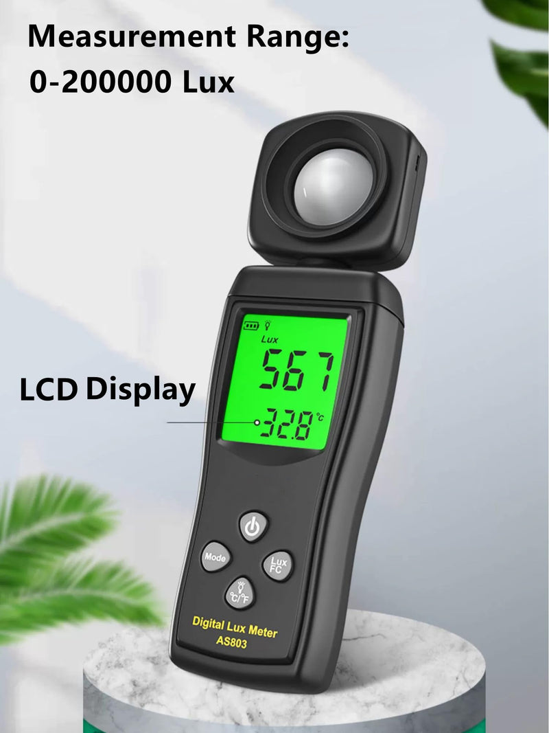 [Australia - AusPower] - Yankok AS803 Smart Digital Light Meter 1-200000 Lux Auto Measurement Lumen Checker Tools with High Accuracy 180D Rotatable Sensor Black 