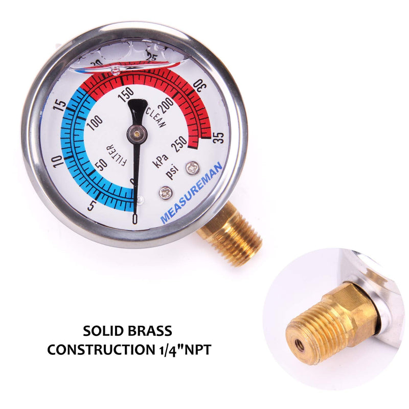 [Australia - AusPower] - MEASUREMAN 2" Dial Size, Glycerin Filled Pool Filter Pressure Gauge, 304 Stainless Steel Case, 0-35psi/250kpa, 1/4" NPT Lower Mount 0-35psi/250kpa(1/4" NPT Lower Mount) 