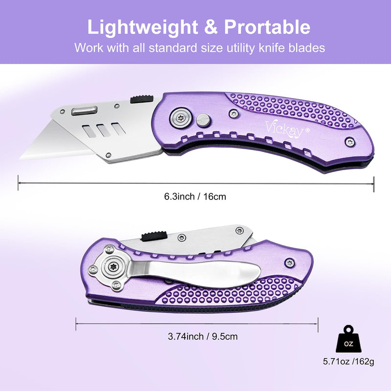 [Australia - AusPower] - Vickay Folding Utility Knife, Box Cutter with 5 SK5 Quick Change Blades, Safety Axis Lock Design Razor Knife, Lightweight Aluminum Handle Belt Clip for Office Home Artcraft （Light Purple) Light Purple 