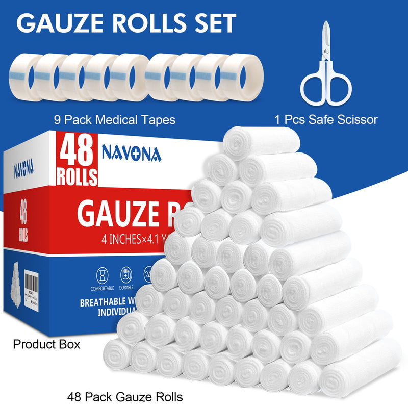 [Australia - AusPower] - 48 Pack Gauze Rolls Bandages, 4 in x 4.1 Yards, Individually Wrapped Breathable Rolled Gauze, Mummy Wraps, Premium First Aid Supplies & Medical Supplies for Wounds Pack of 48 