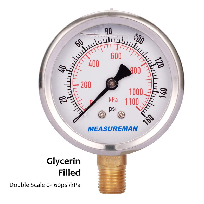 [Australia - AusPower] - MEASUREMAN 2-1/2" Dial Size, Glycerin Filled Pressure Gauge, 0-160psi/kpa, 304 Stainless Steel Case, 1/4" NPT Lower Mount 2 Pack 0-160 psi / 2PCS 