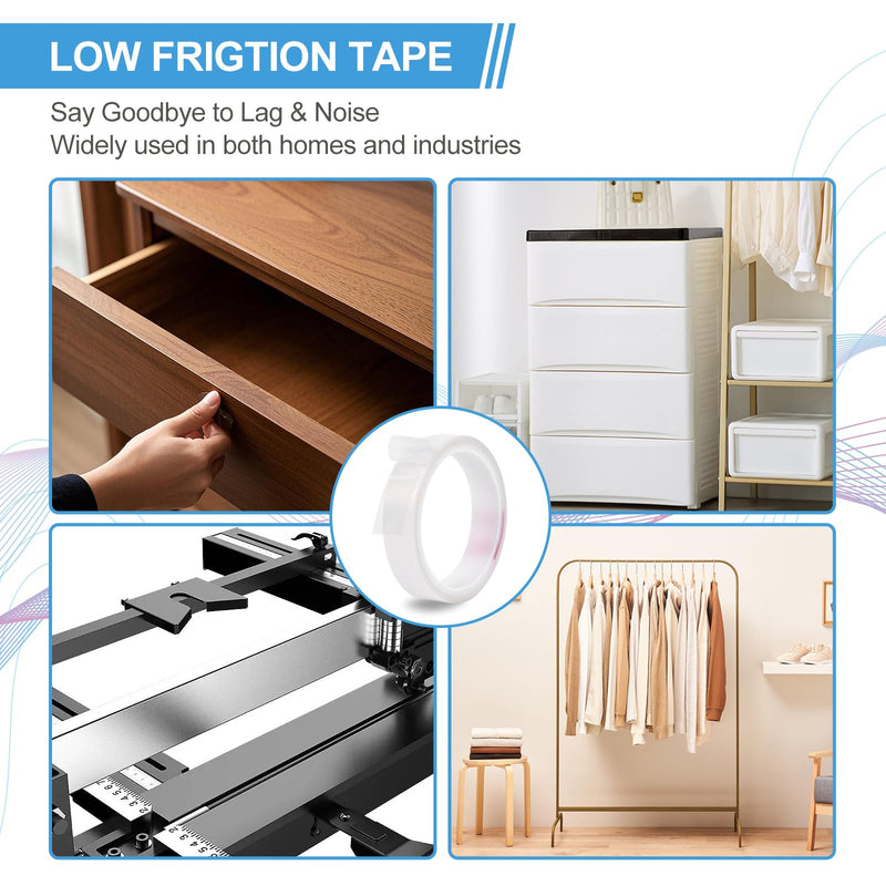 KitchenRaku UHMW (Ultra-high Molecular Weight) Polyethylene Tape, Low Friction Tape Noise Reduce & Surface Protect, Anti Squeak Tape for Wood, Drawers, Cabinets, Curtains (Translucent, 0.75" x 5Yds) Translucent