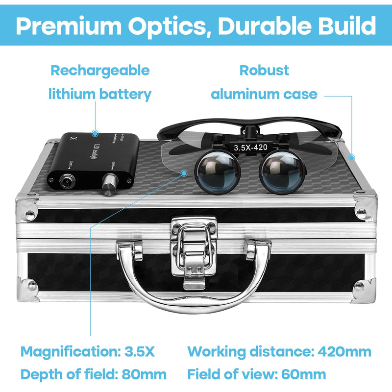 [Australia - AusPower] - 3.5 X 420mm Binocular Loupes Magnifier Glasses with LED Head Light+Aluminum Box Silver, Premium Optics Delivers Clear Imaging 