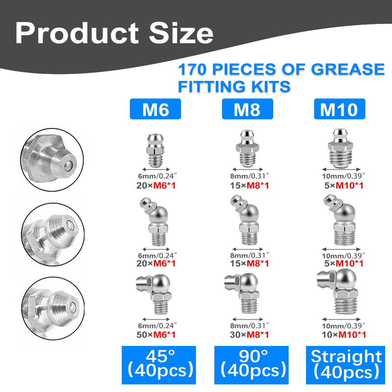 [Australia - AusPower] - LANZLC Pack of 170 Grease Nipple Assortment Kit, 45° 90° Nickel-Plated Iron Tapered Lubrication Nipple, M6 M8 M10 Straight Angled, Hydraulic Grease Nipple with Caps Storage Box for Lubricating Presses 