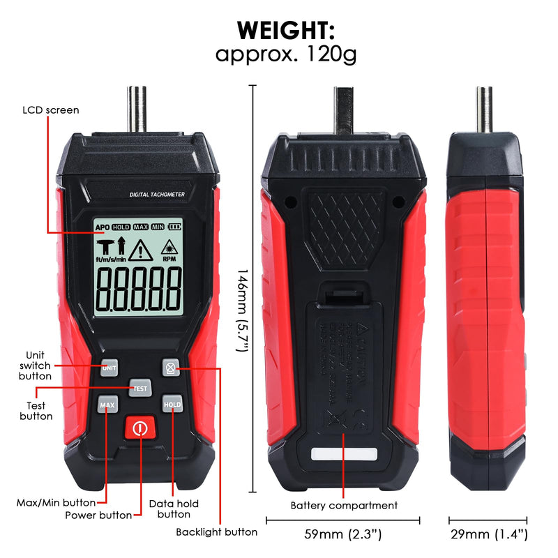 [Australia - AusPower] - Digital 2-in-1 Tachometer Noncontact Laser Photo Sensor 3~100000RPM and Contact 3~19999RPM Meter RPM Gauge Tester Professional MAX/MIN/Hold Data, Handheld Car Engine Tool 