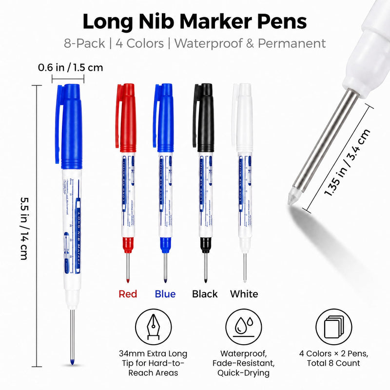 8Pcs Deep Reach Markers Waterproof Deep Hole Marker Pens 34mm Construction Markers Permanent Ink Quick-Dry Long Nib Marker Drill Long Nose Metal Marking Pen for Carpenters Construction (White) White